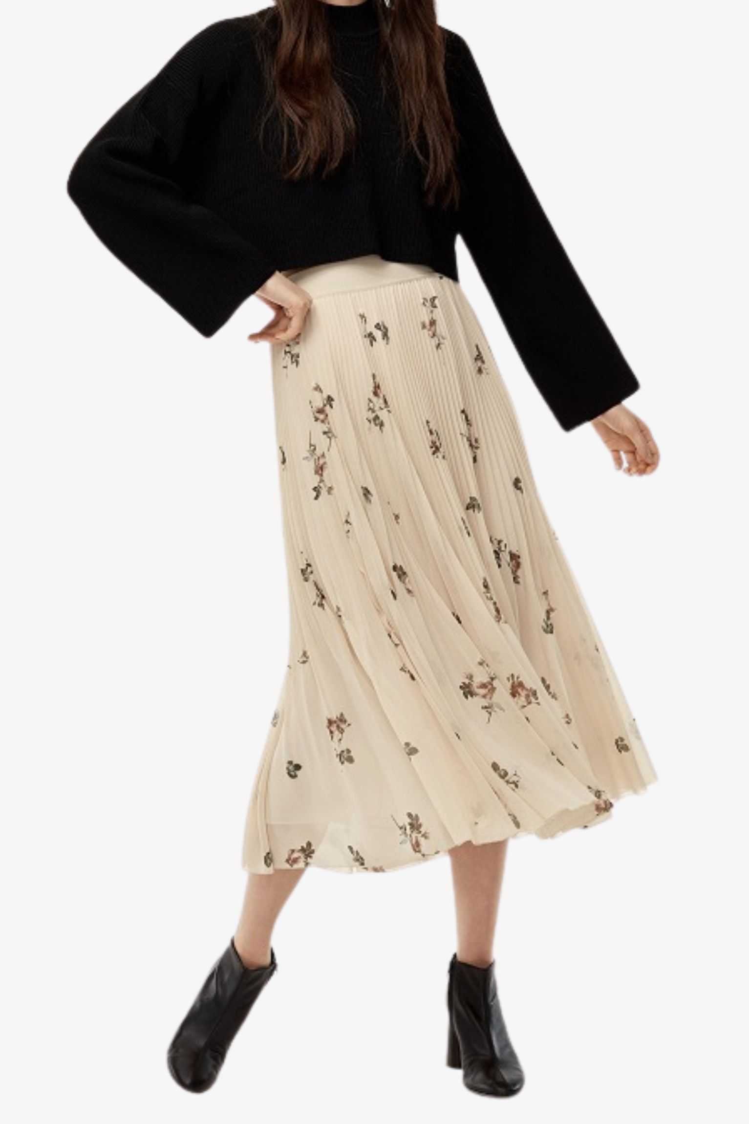 beige floral pleated midi skirt