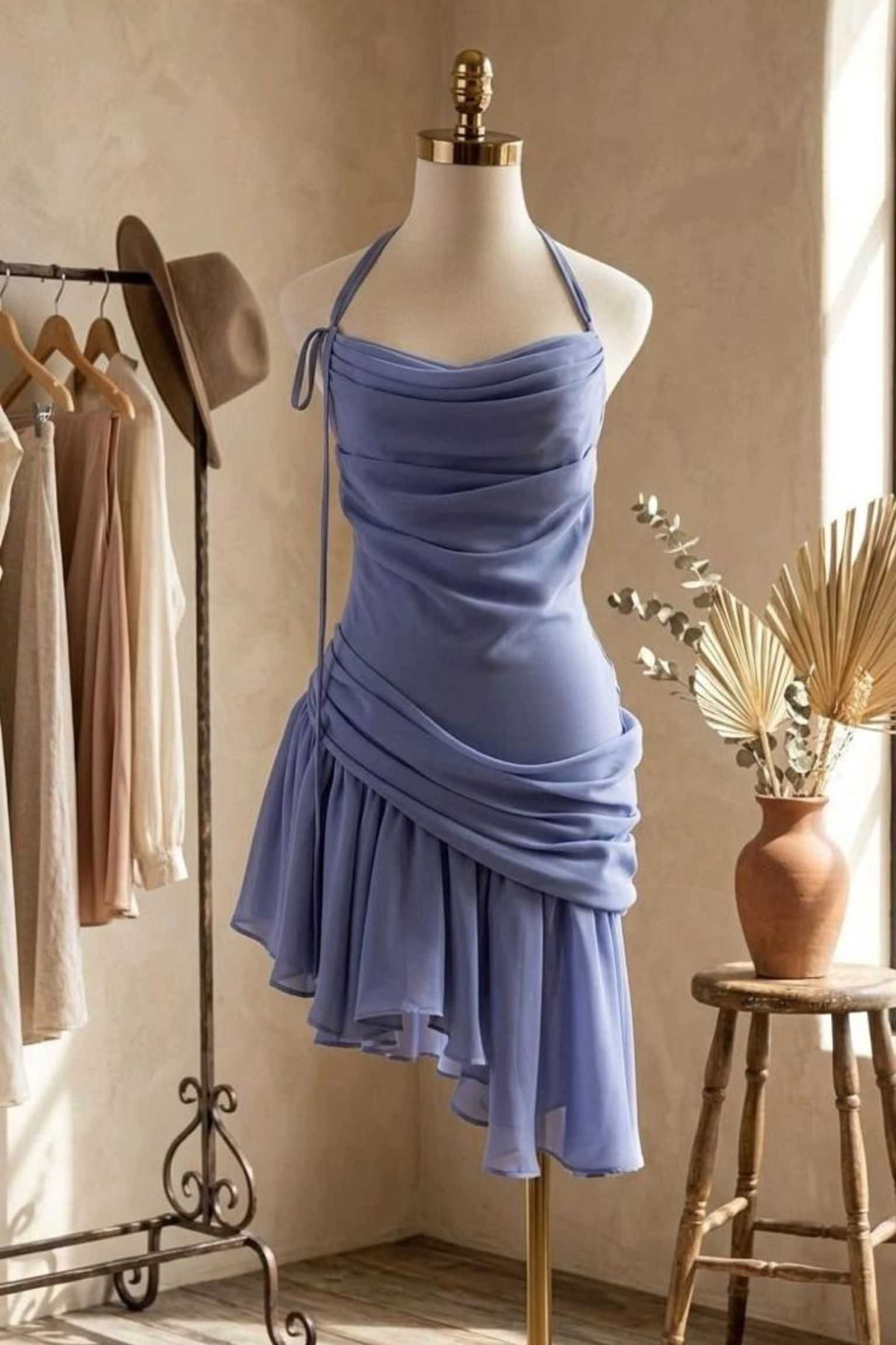 blue halter asymmetric dress