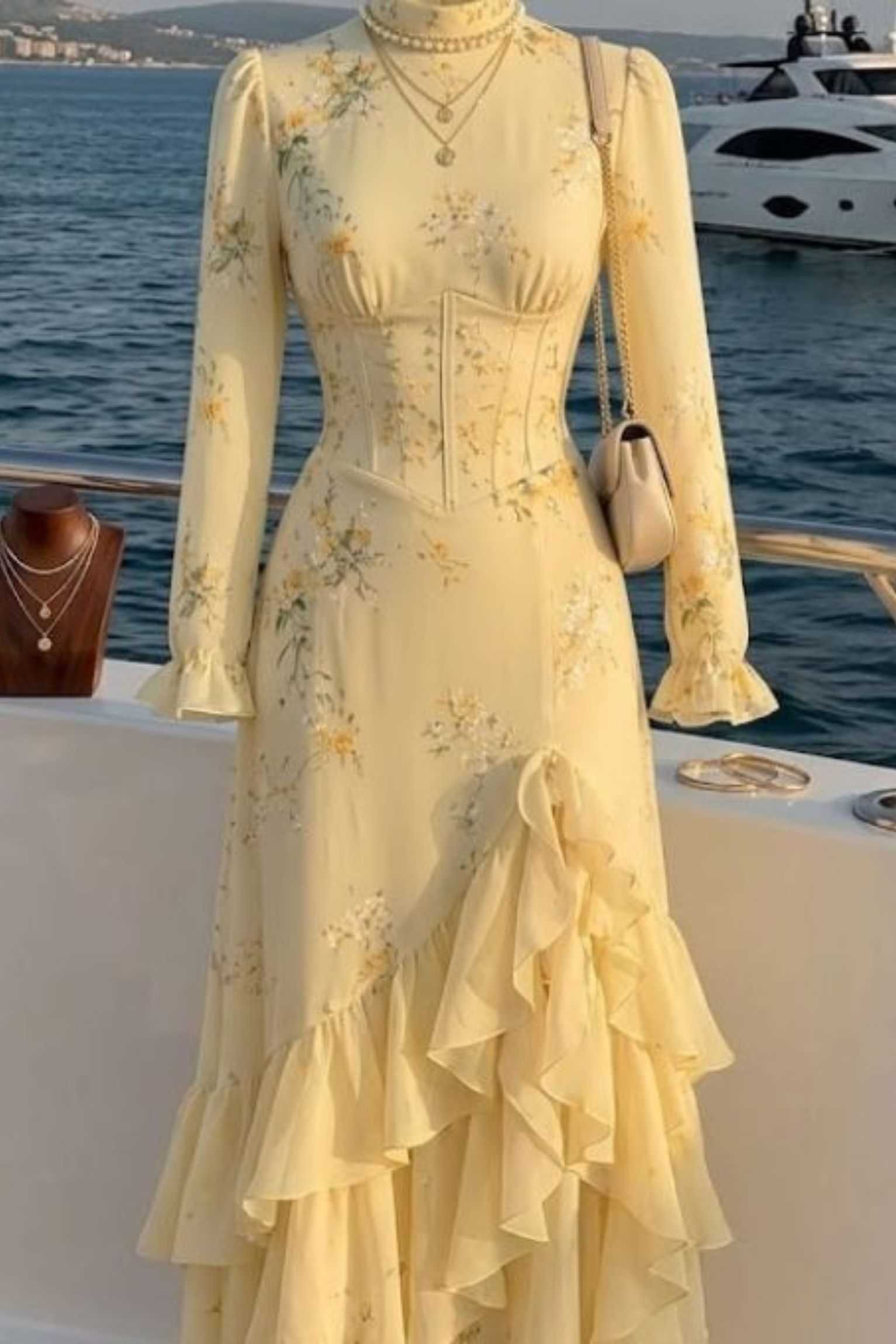 yellow floral ruffle maxi